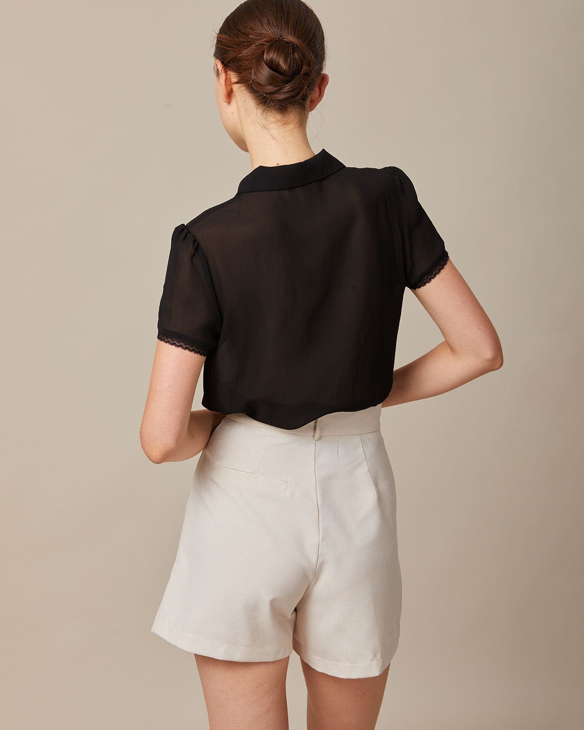 The Black Lapel Lace Trim Pleated Blouse sold by rihoas product image thumbnail 5