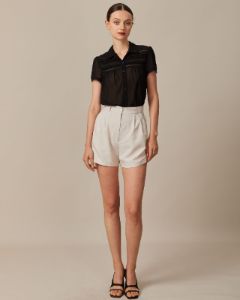 The Black Lapel Lace Trim Pleated Blouse sold by rihoas