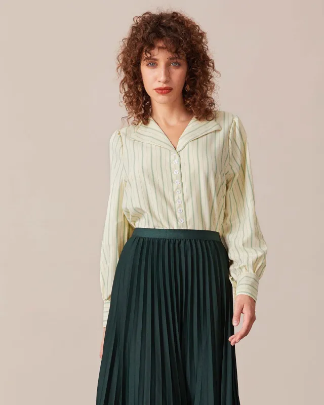 The Green Lapel Striped Button Up Blouse sold by rihoas