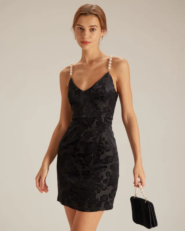 The Black V Neck Pearl Strap Burnout Mini Dress sold by rihoas