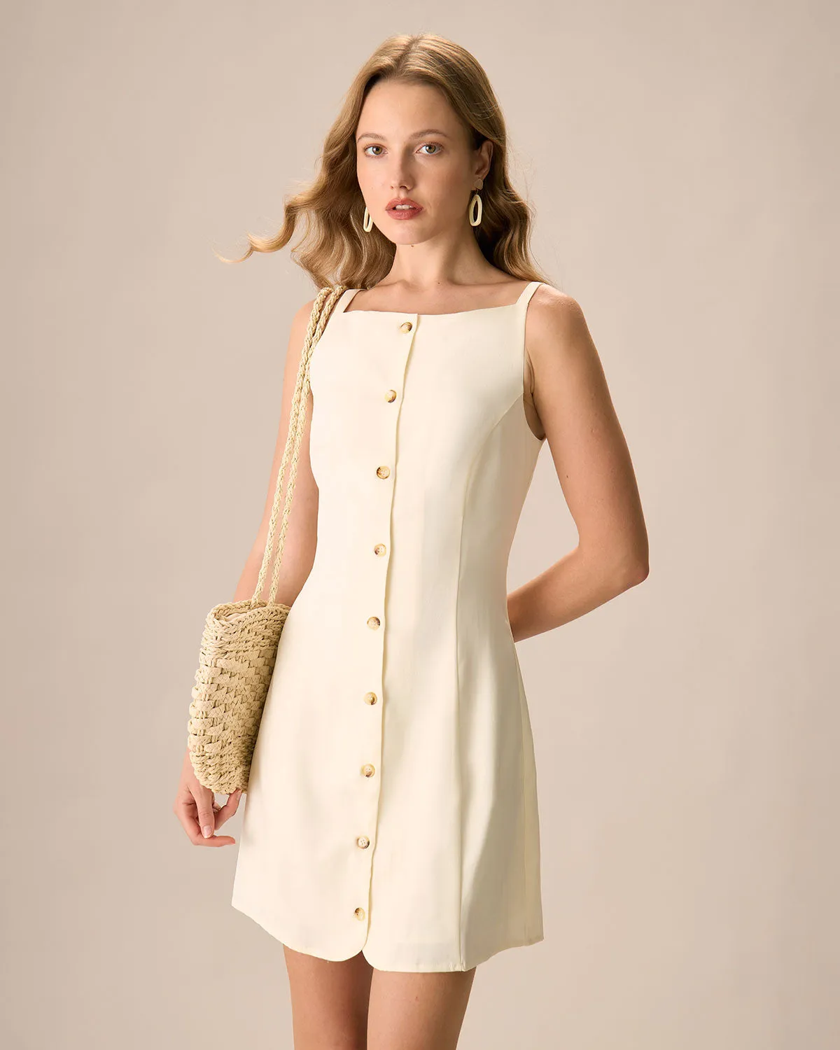 The Beige Boat Neck Button Mini Dress sold by rihoas