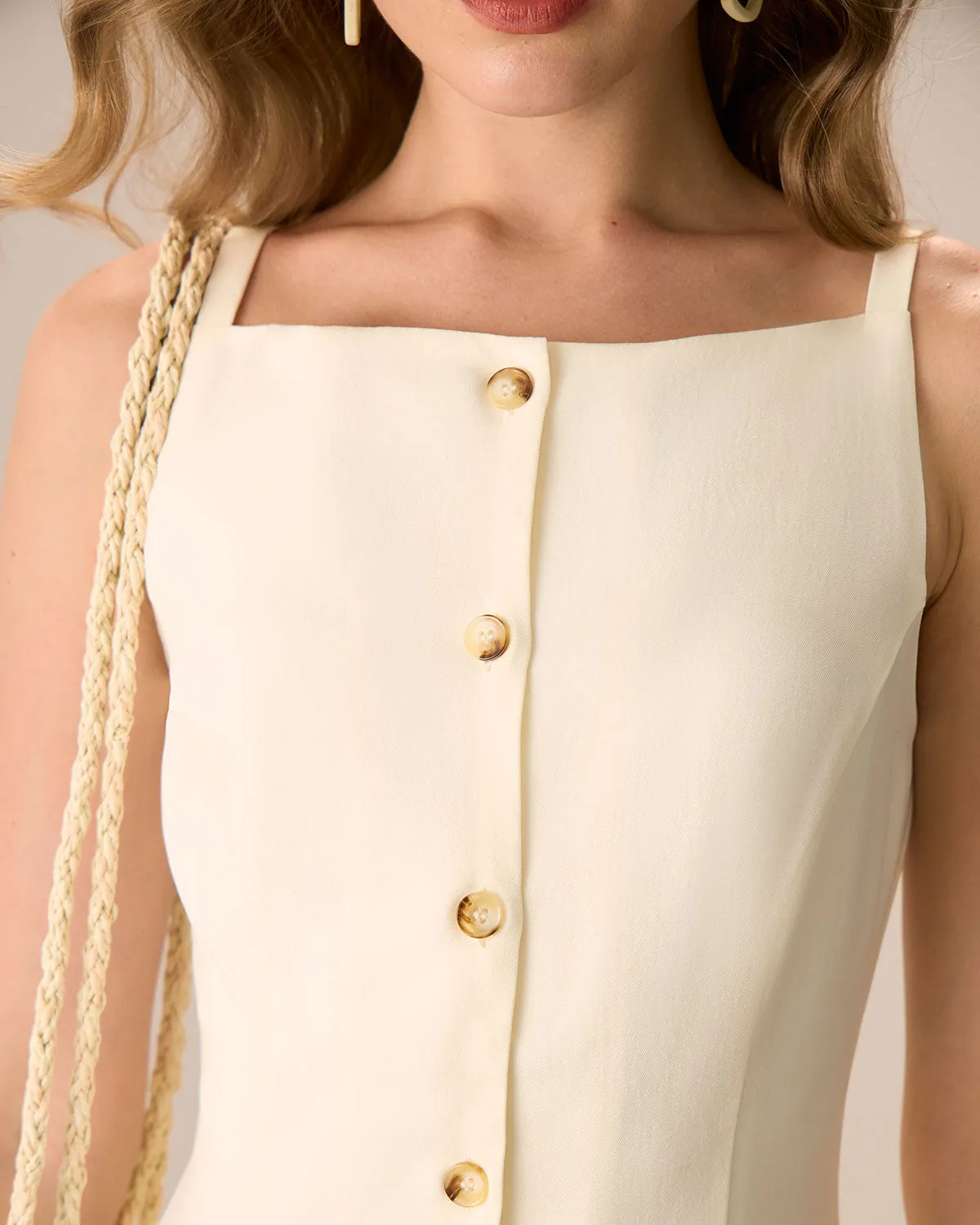 The Beige Boat Neck Button Mini Dress sold by rihoas product image thumbnail 2