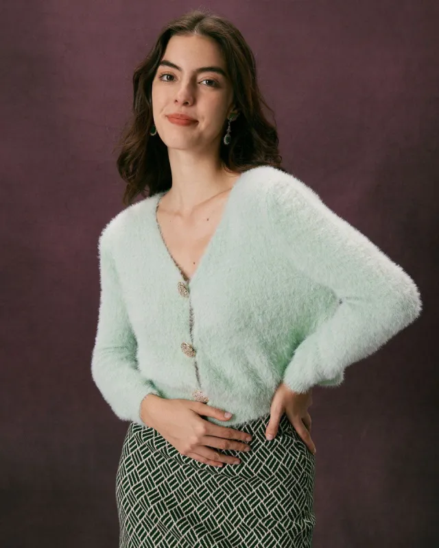 The Light Green V Neck Button Fluffy Cardigan sold by rihoas