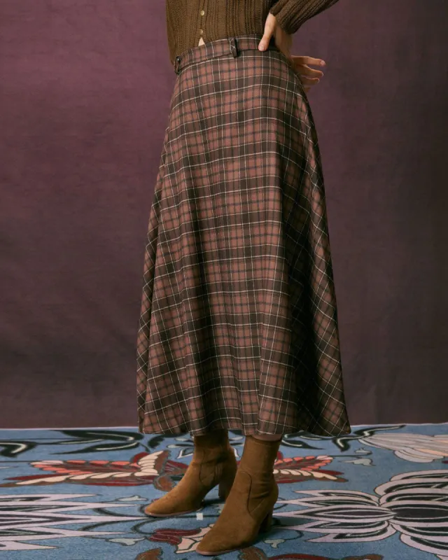 The Coffee High Waisted Plaid A Line Midi Skirt made by rihoas