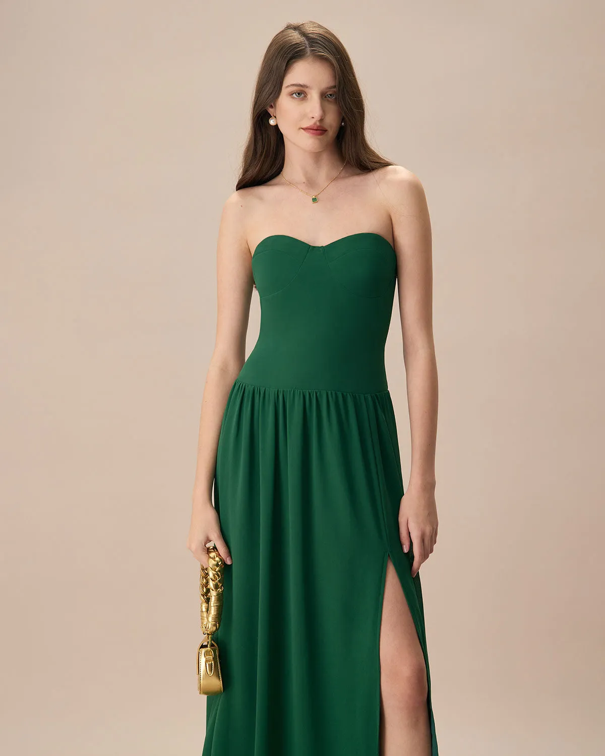 The Green Sweetheart Neck Ruched Maxi Dress sold by rihoas product image thumbnail 3