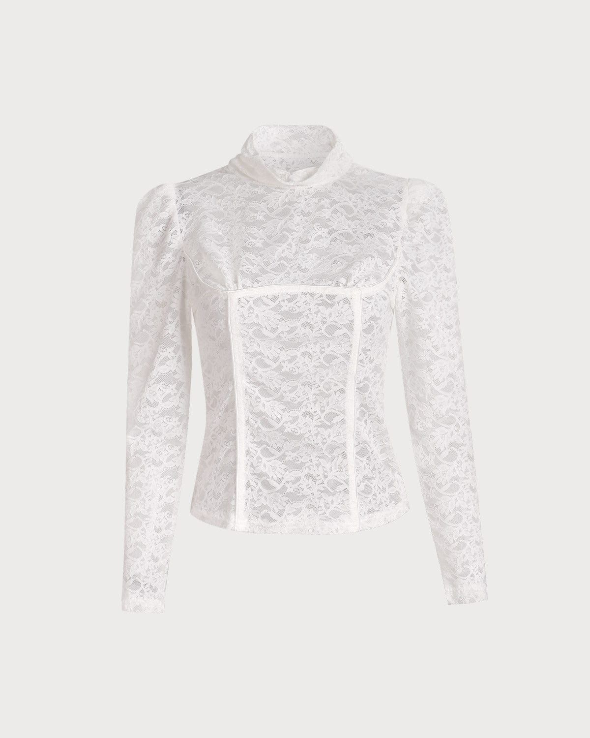 The White See Through Mock Neck Lace Blouse sold by rihoas
