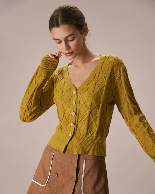 The Ginger V Neck Argyle Ribbed Cardigan sold by rihoas