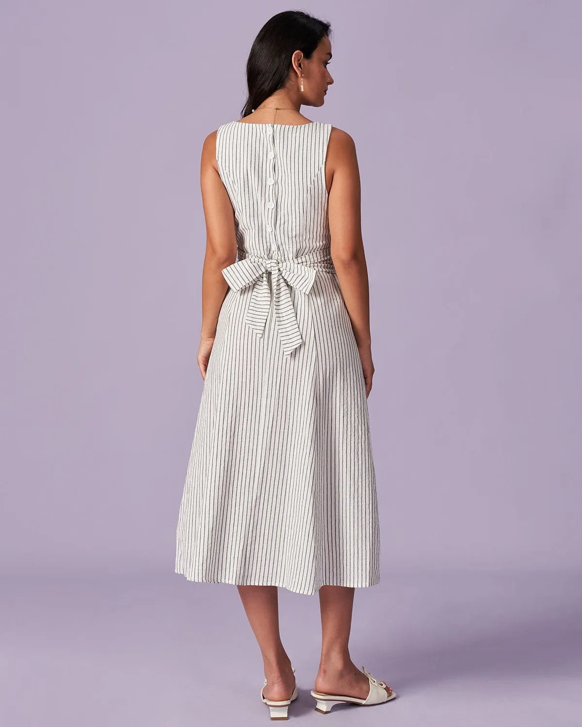 The White Square Neck Striped Midi Dress sold by rihoas product image thumbnail 5