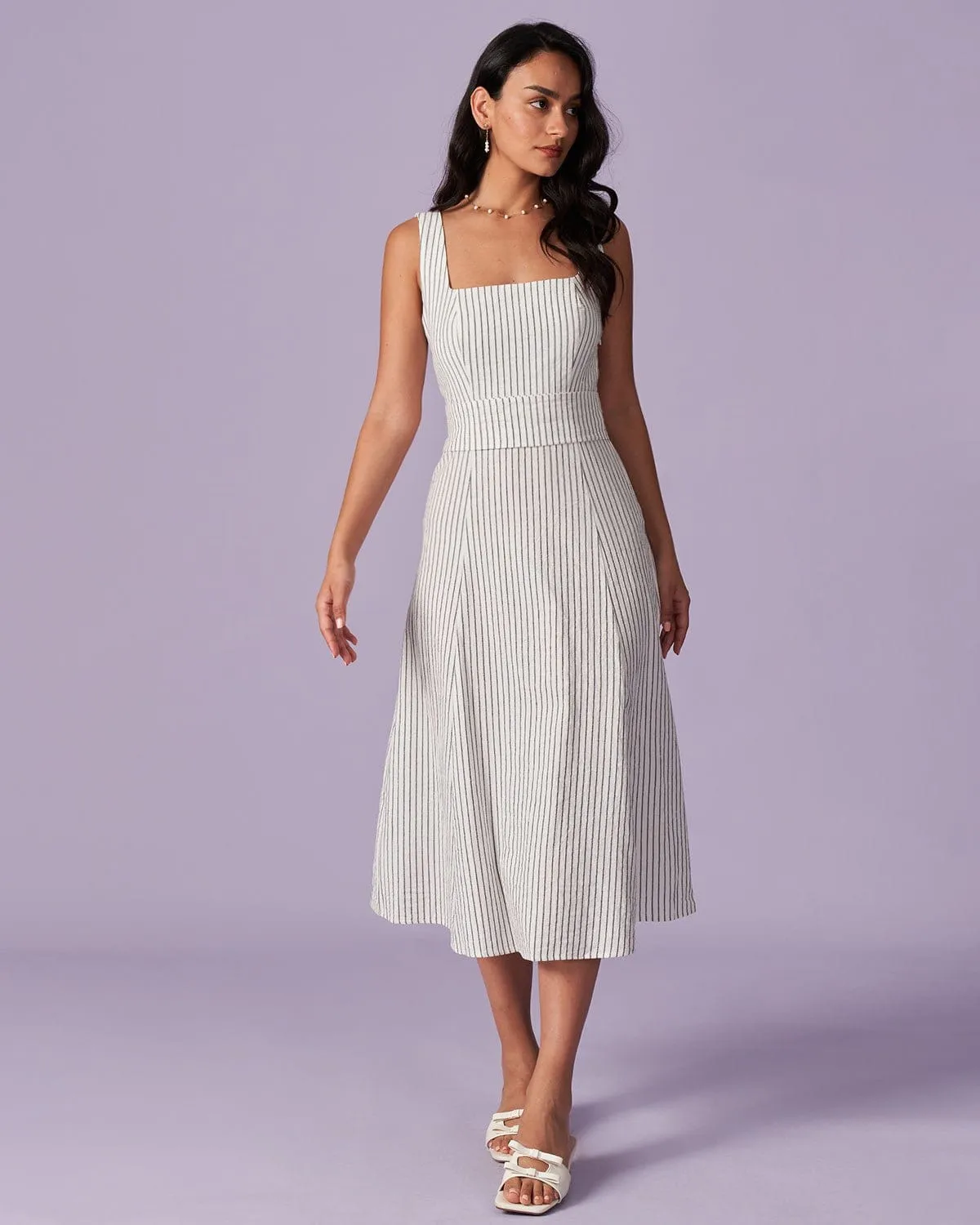 The White Square Neck Striped Midi Dress sold by rihoas product image thumbnail 3
