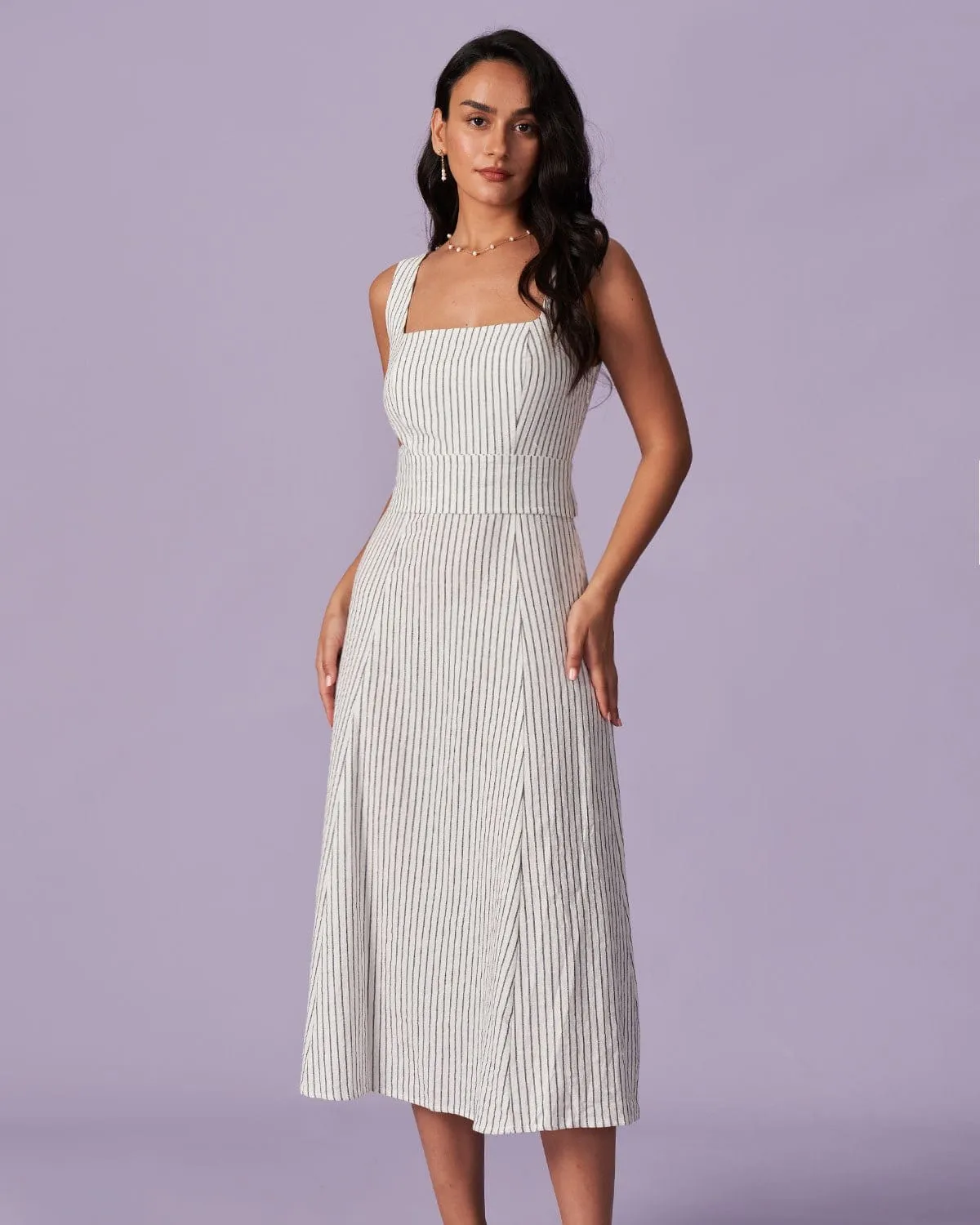 The White Square Neck Striped Midi Dress sold by rihoas