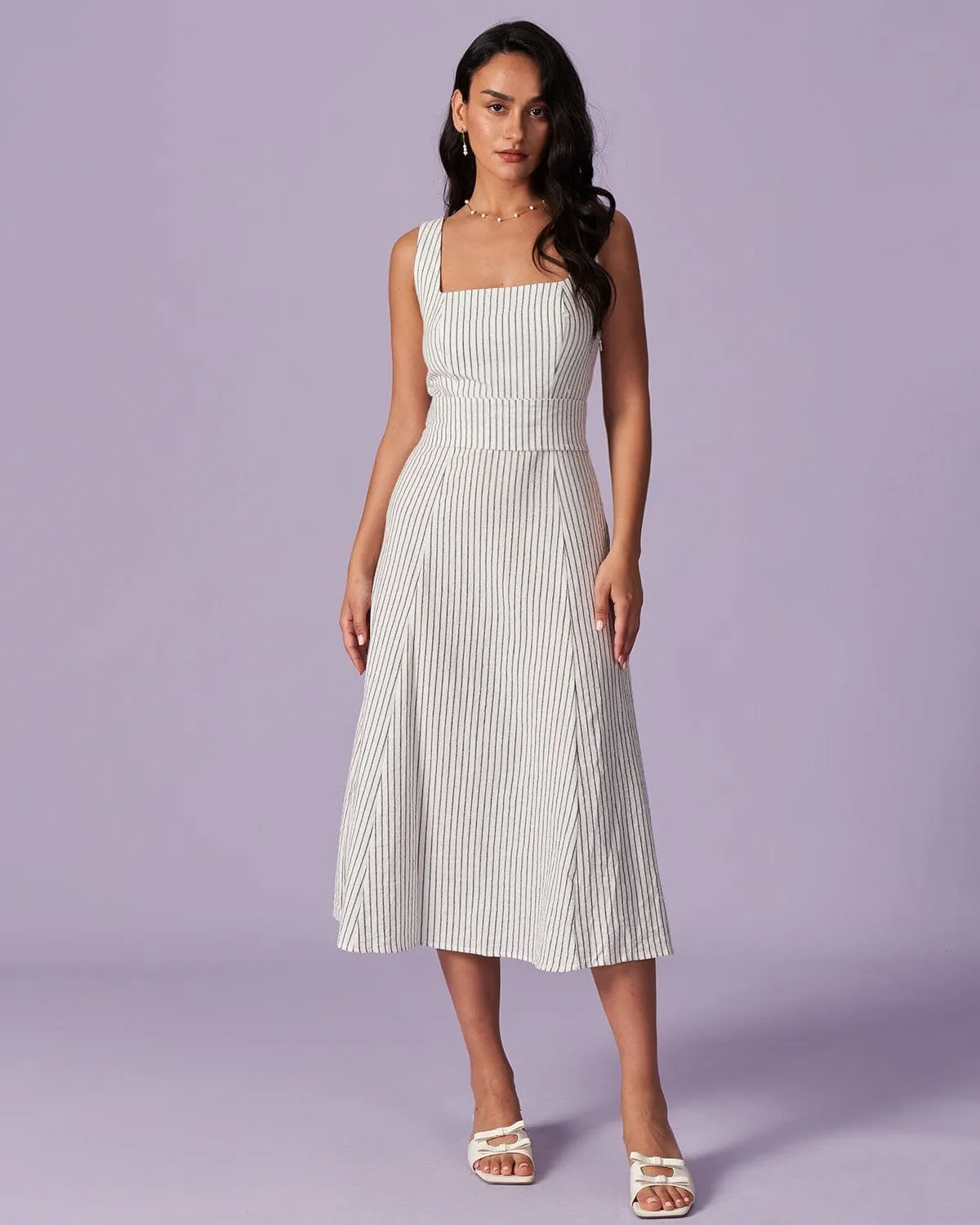 The White Square Neck Striped Midi Dress sold by rihoas product image thumbnail 2