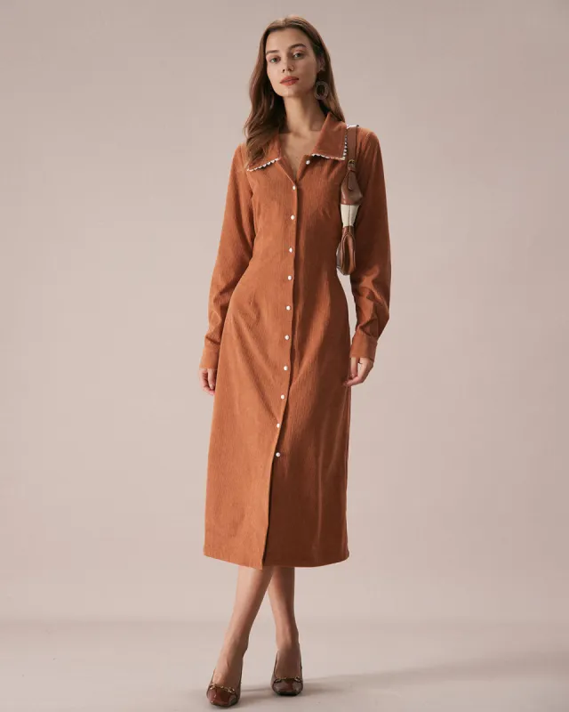 The Brown Lapel Button Corduroy Midi Dress sold by rihoas
