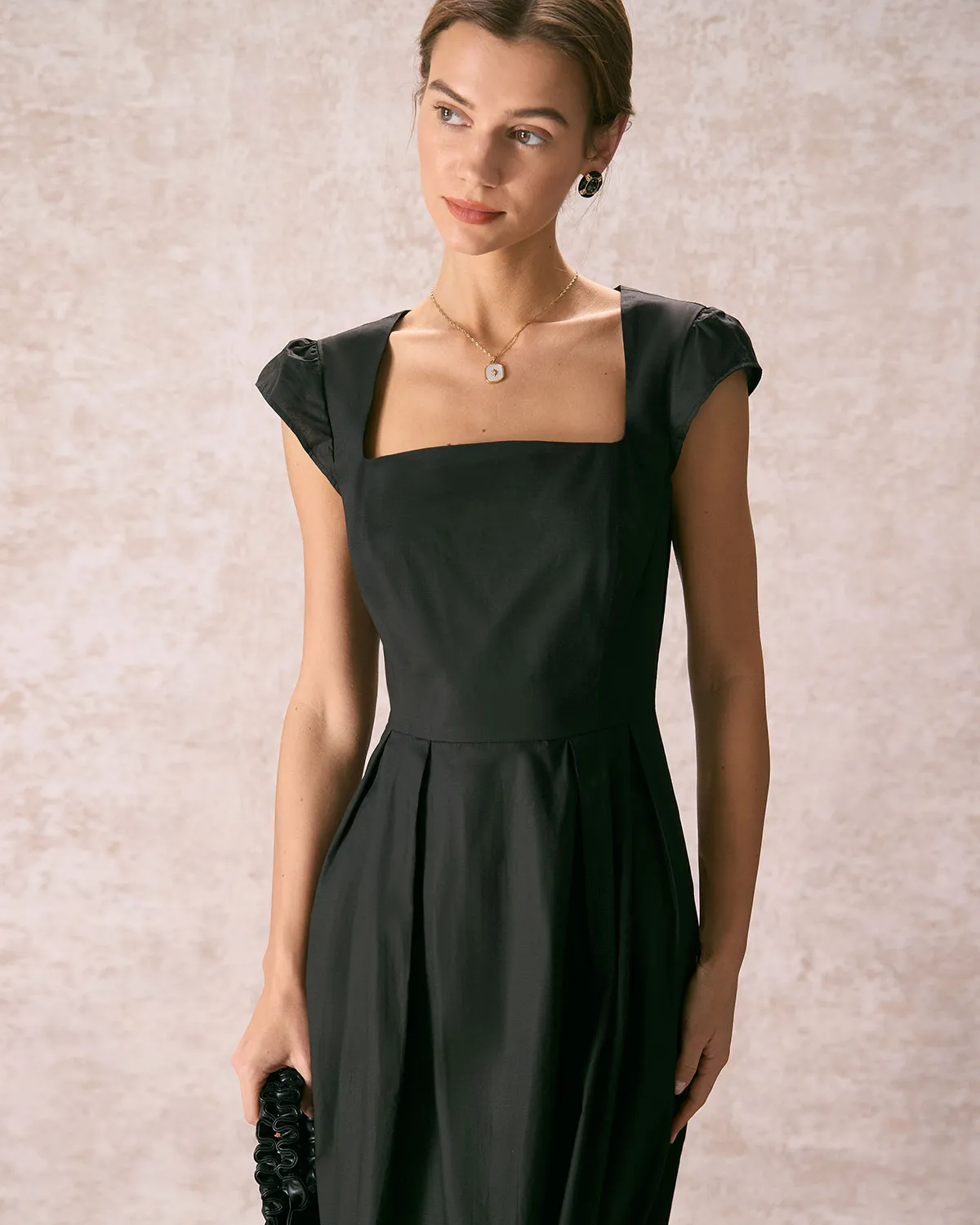 The Black Square Neck Cap Sleeve Midi Dress sold by rihoas product image thumbnail 5