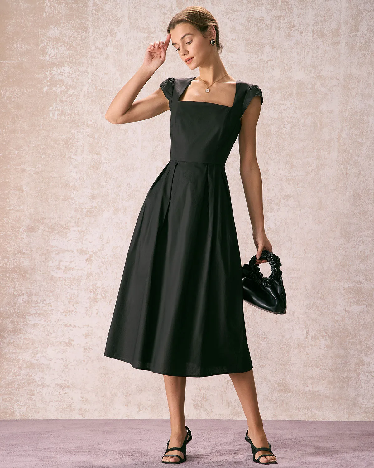The Black Square Neck Cap Sleeve Midi Dress sold by rihoas