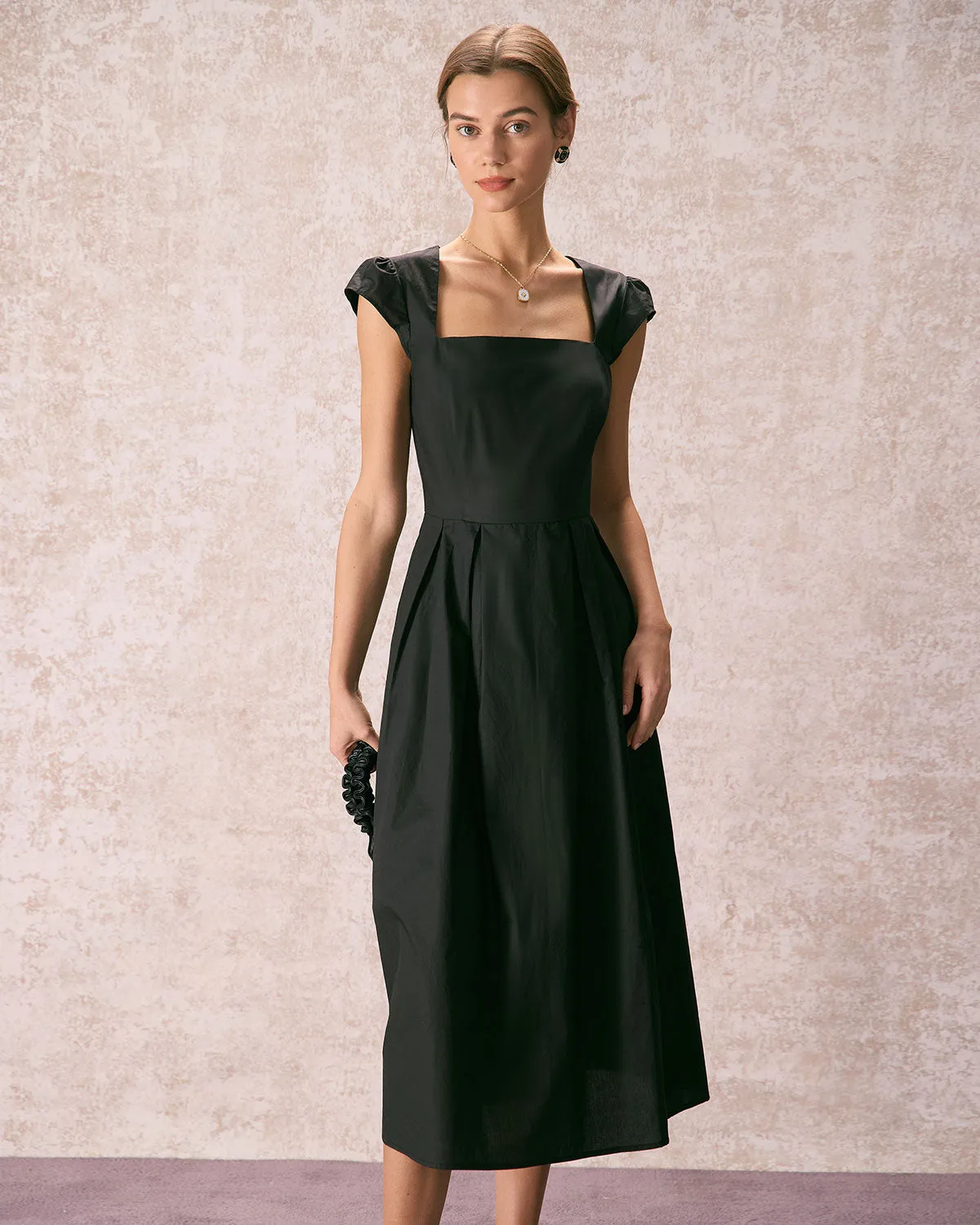 The Black Square Neck Cap Sleeve Midi Dress sold by rihoas product image thumbnail 2