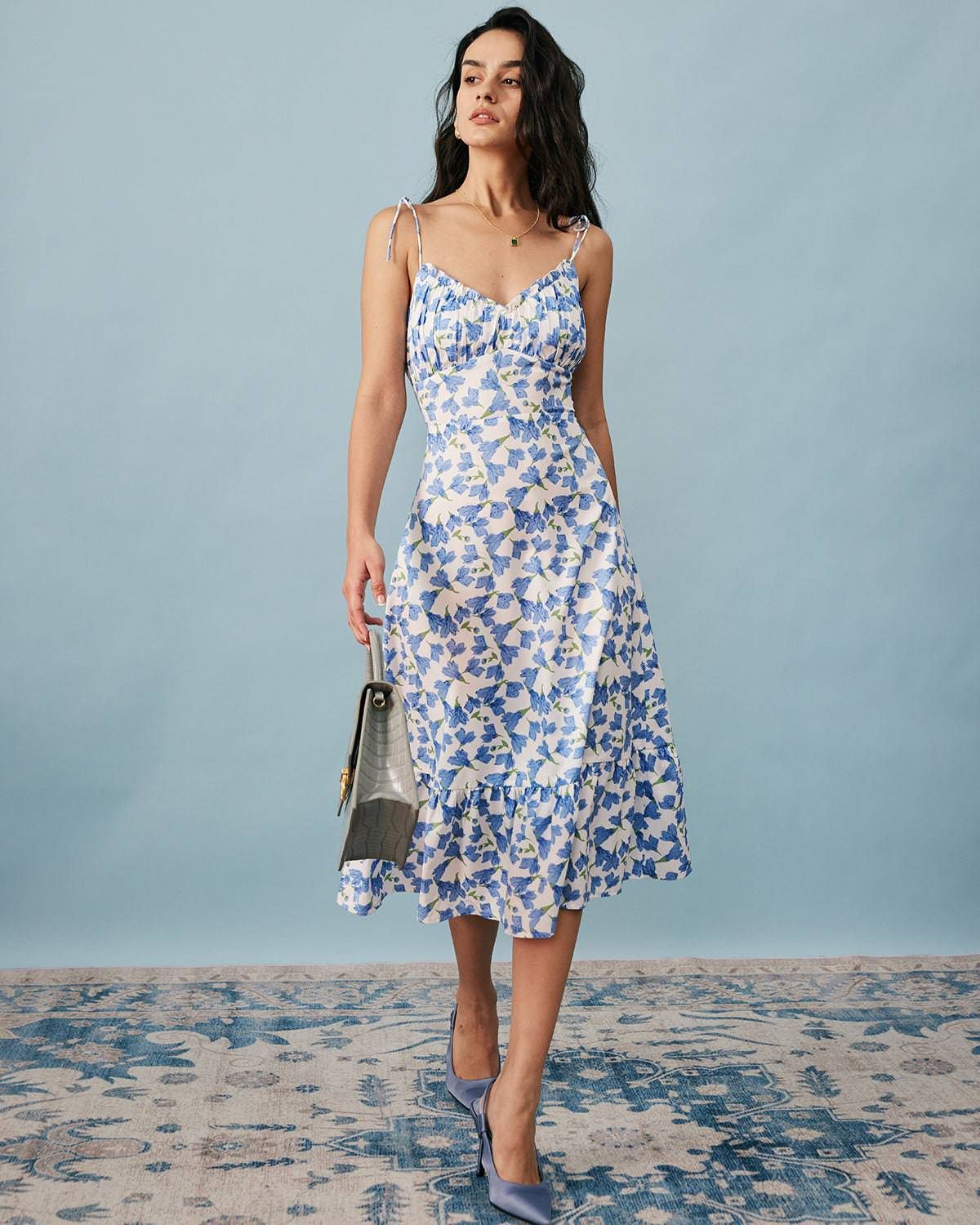 The Tie Strap Ruffle Floral Midi Dress sold by rihoas product image thumbnail 4