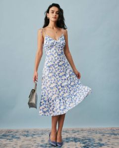 The Tie Strap Ruffle Floral Midi Dress sold by rihoas