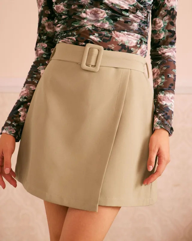 The Khaki Belted Zipper Split Hem Mini Skirt sold by rihoas
