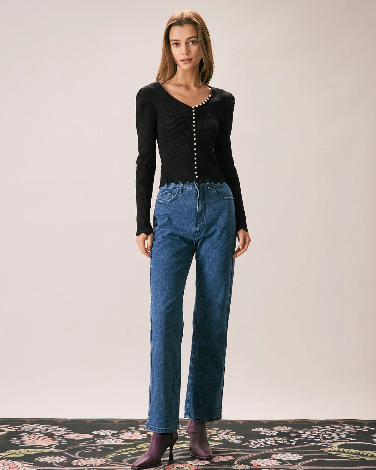 The Black V Neck Pearl Button Knit Top sold by rihoas product image thumbnail 2