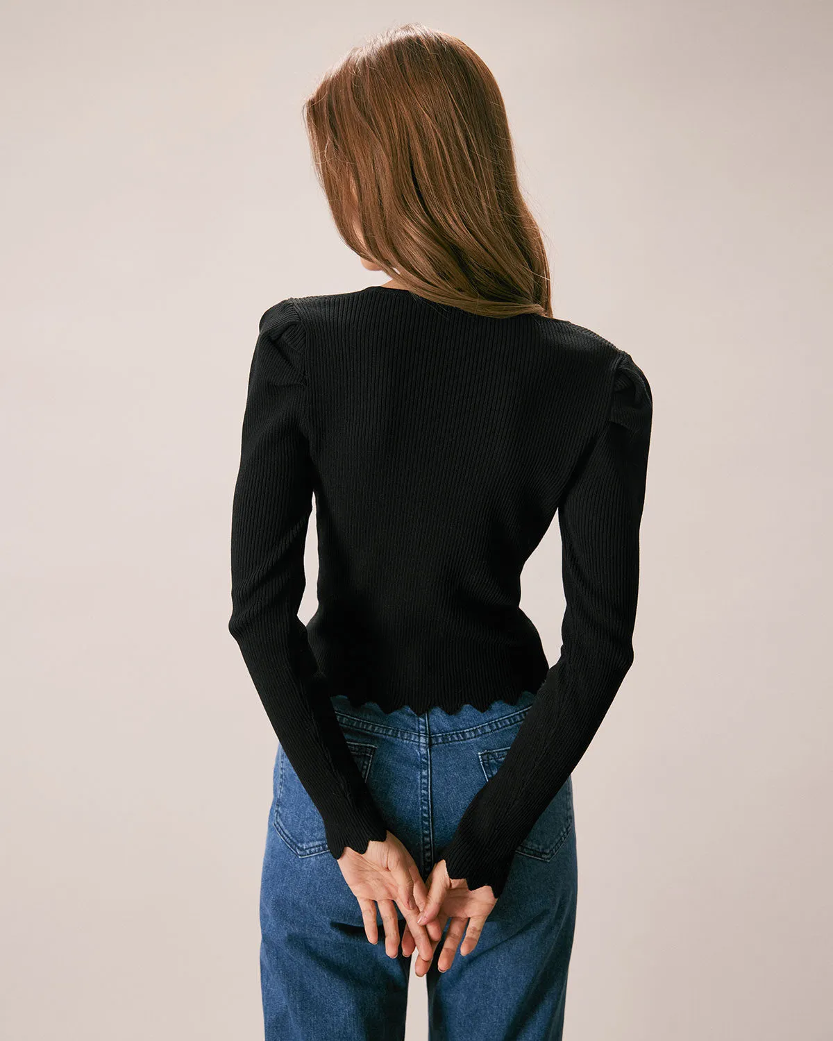The Black V Neck Pearl Button Knit Top sold by rihoas product image thumbnail 5