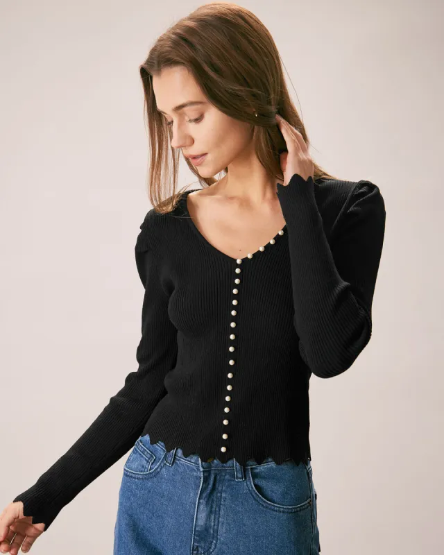 The Black V Neck Pearl Button Knit Top made by rihoas