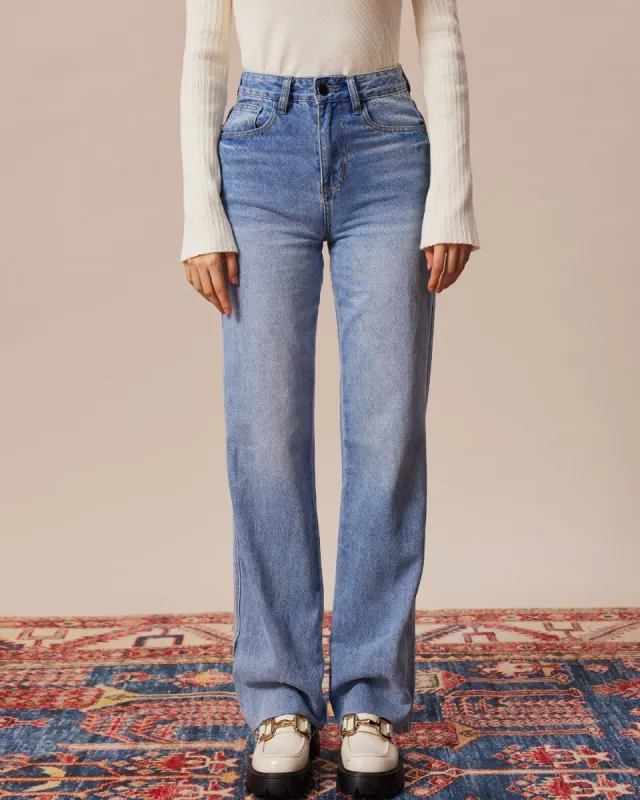 The Blue Slant Pocket Straight Leg Jeans sold by rihoas