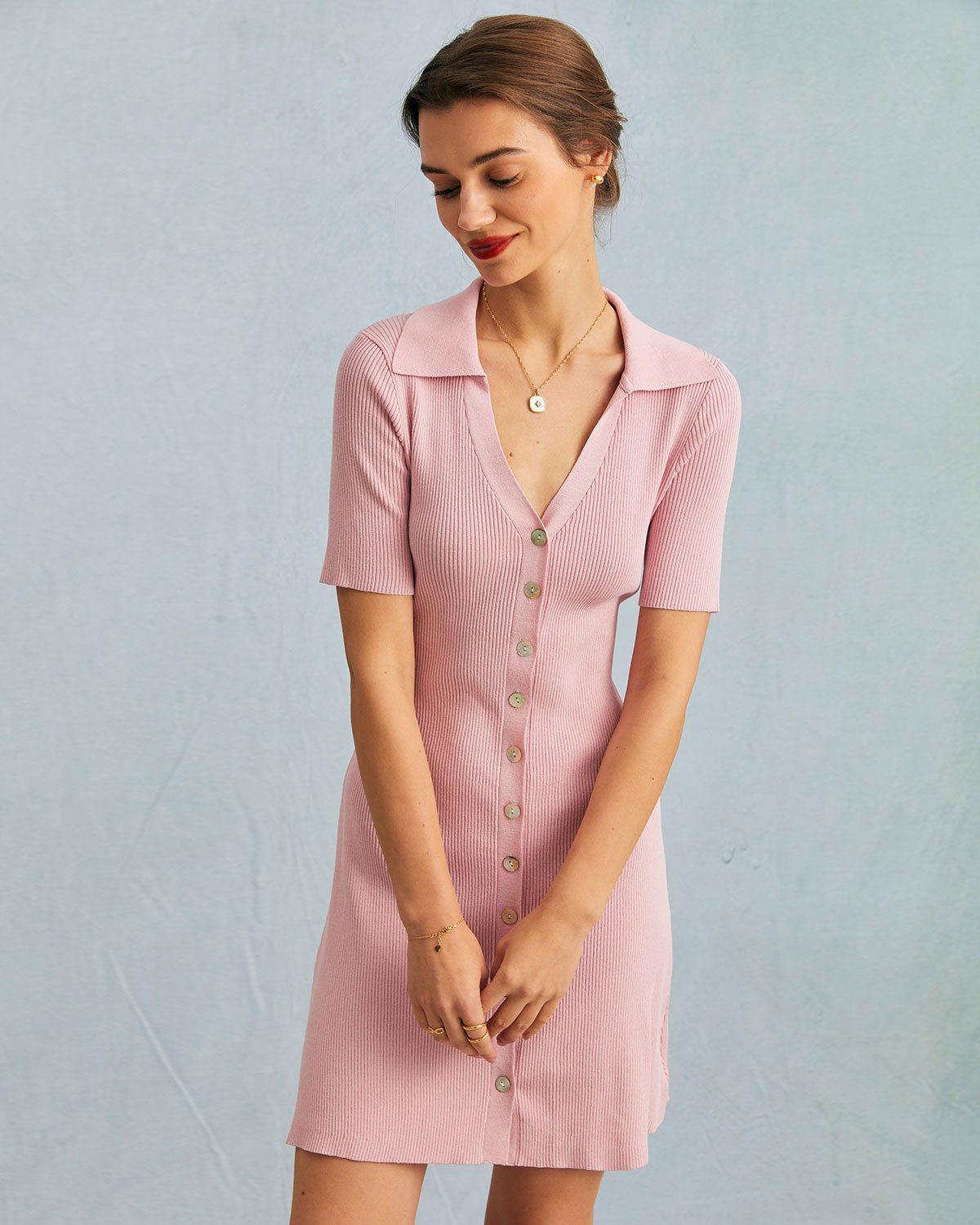 The Pink V-Neck Knit Ribbed Mini Dress sold by rihoas product image thumbnail 3