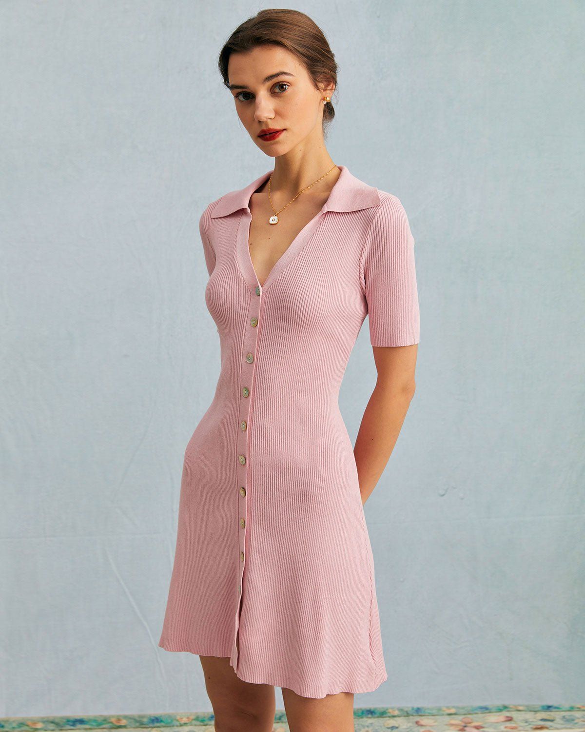 The Pink V-Neck Knit Ribbed Mini Dress sold by rihoas