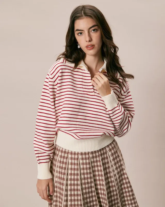 The Red Lapel Striped Long Sleeve Sweater sold by rihoas