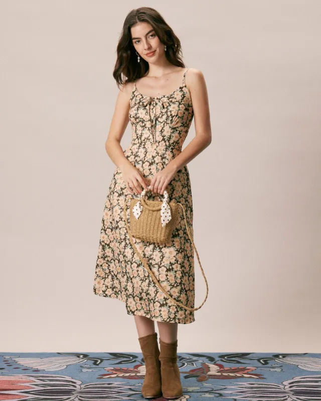 The Brown Floral Tie Front Slip Midi Dress sold by rihoas