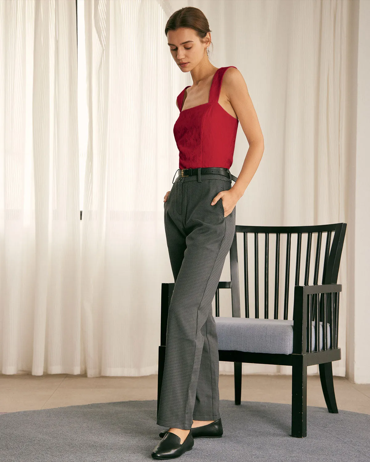The Red Square Neck Jacquard Tank Top sold by rihoas product image thumbnail 4