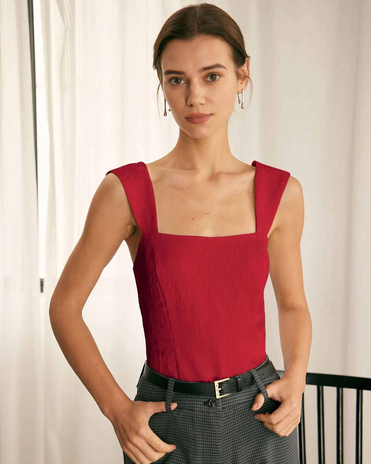 The Red Square Neck Jacquard Tank Top sold by rihoas