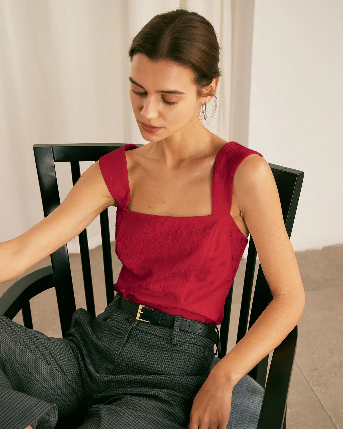 The Red Square Neck Jacquard Tank Top sold by rihoas product image thumbnail 2