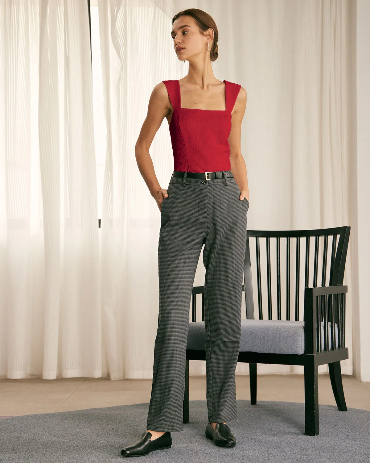 The Red Square Neck Jacquard Tank Top sold by rihoas product image thumbnail 3