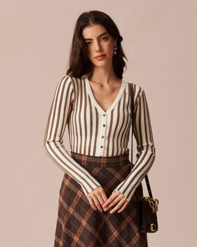 The Apricot V Neck Striped Button Cardigan sold by rihoas