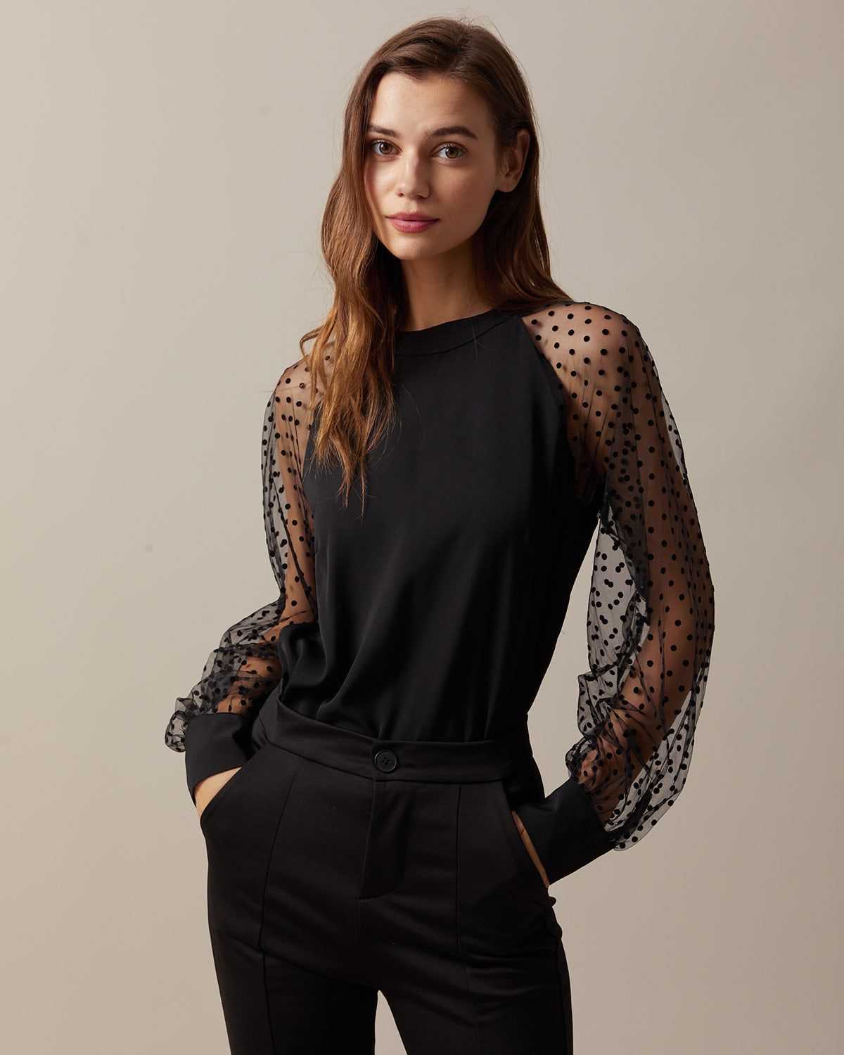 The Black Polka Dot Sheer Sleeve Blouse sold by rihoas