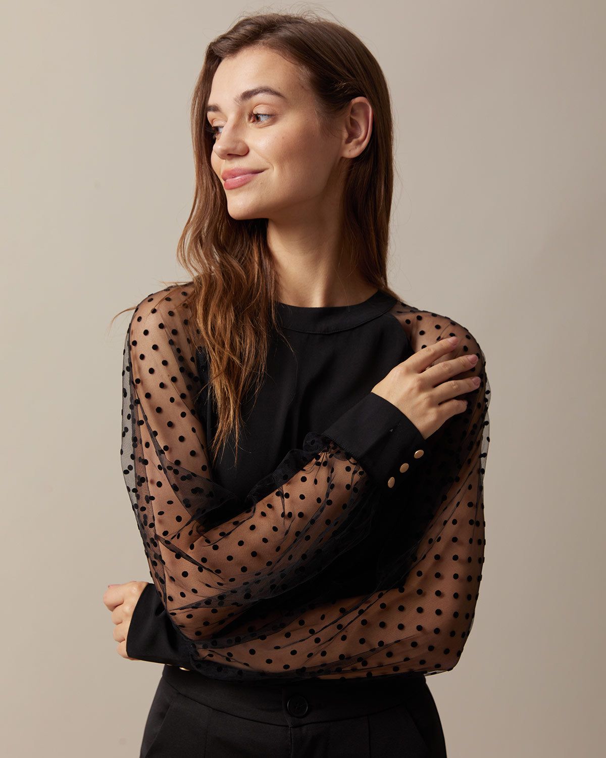 The Black Polka Dot Sheer Sleeve Blouse sold by rihoas product image thumbnail 3