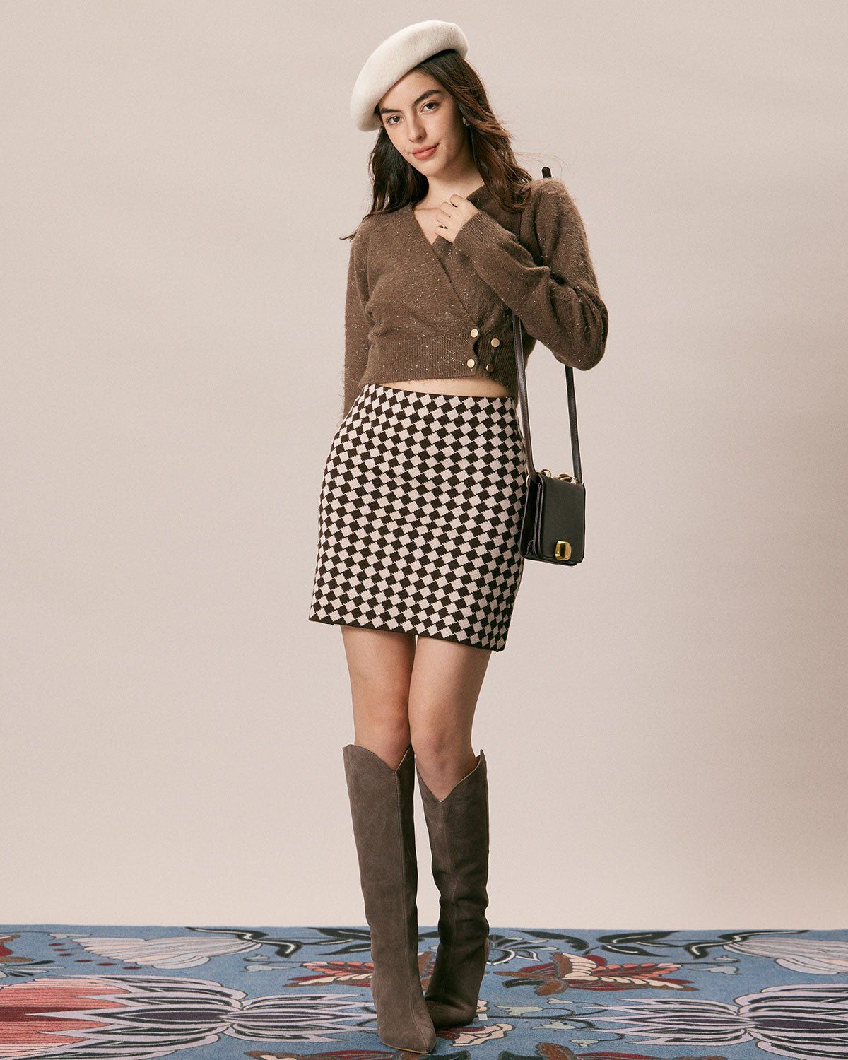 The Coffee Geometric Plaid Knit Mini Skirt sold by rihoas product image thumbnail 5
