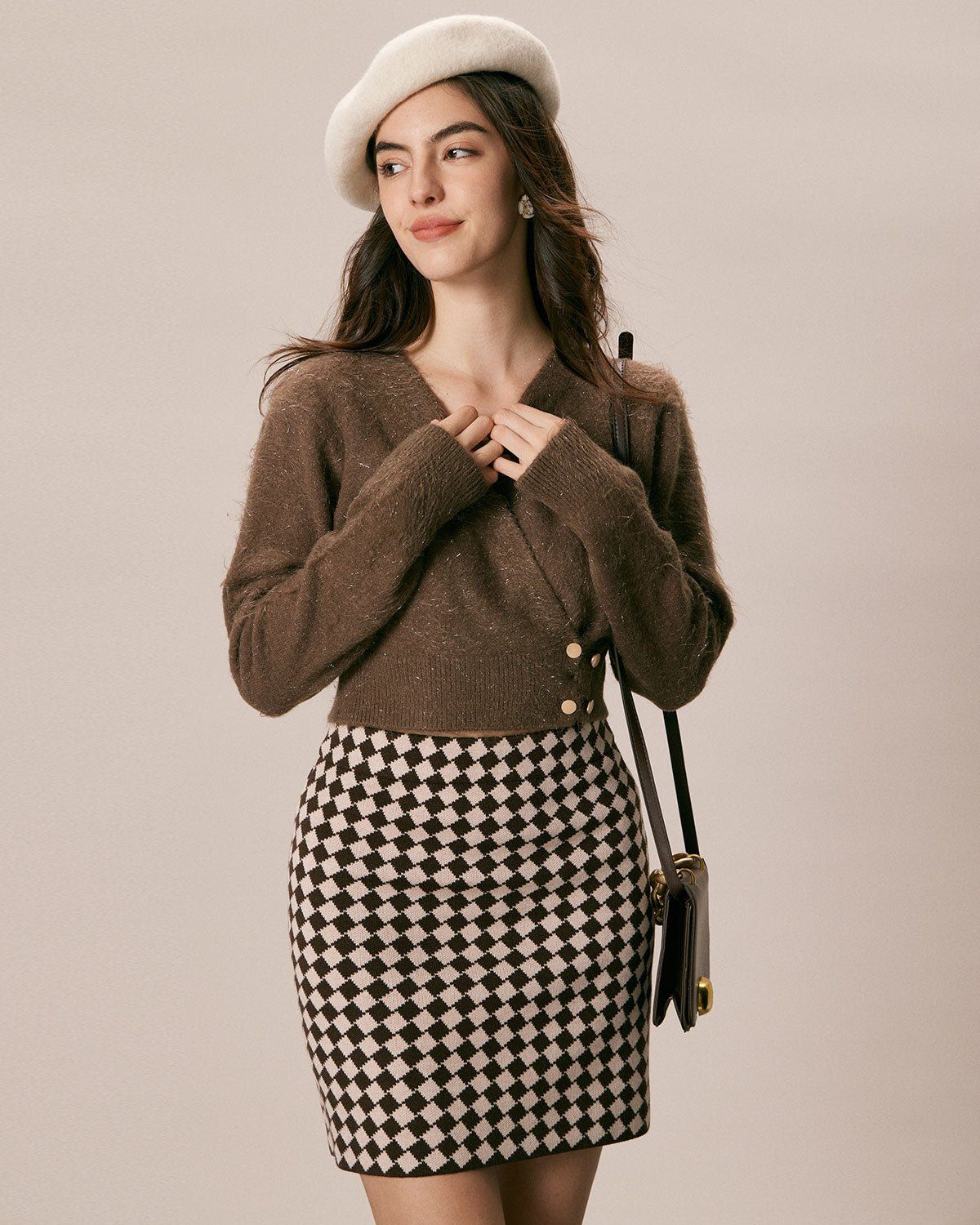The Coffee Geometric Plaid Knit Mini Skirt sold by rihoas product image thumbnail 2