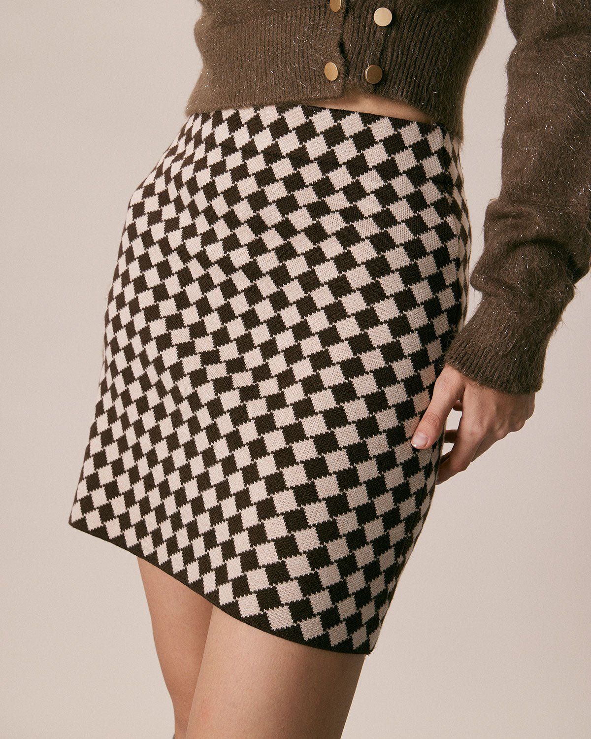 The Coffee Geometric Plaid Knit Mini Skirt sold by rihoas