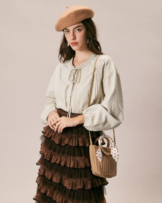 The Apricot Round Neck Ruffle Mesh Blouse made by rihoas