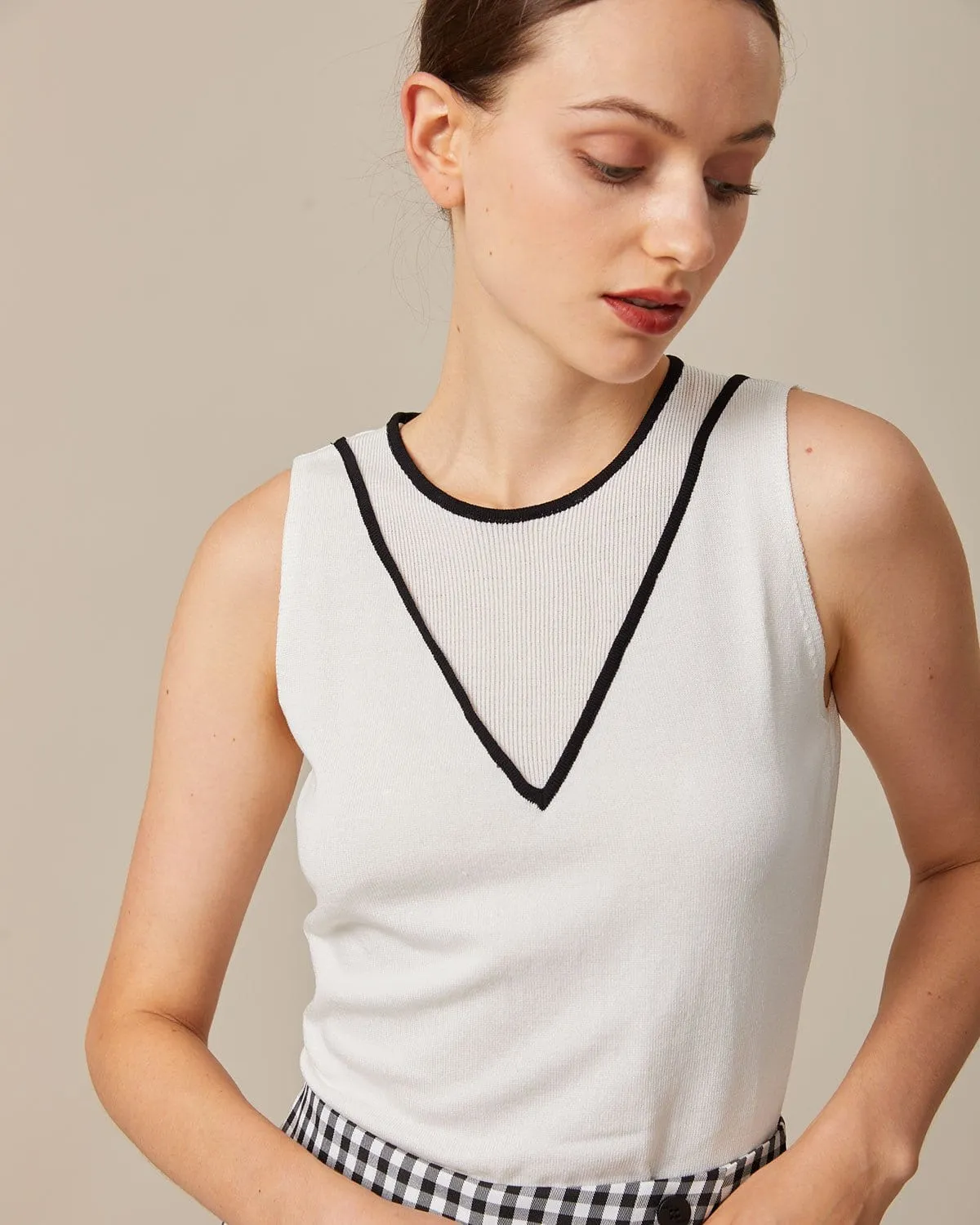 The White Contrast Pointelle Knit Tank Top sold by rihoas product image thumbnail 4
