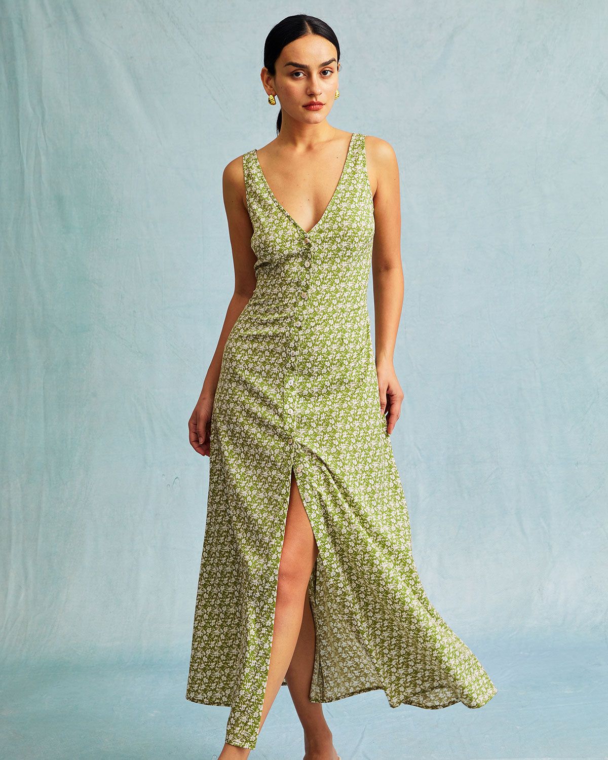The Green V Neck Floral Single-breasted Maxi Dress sold by rihoas product image thumbnail 2