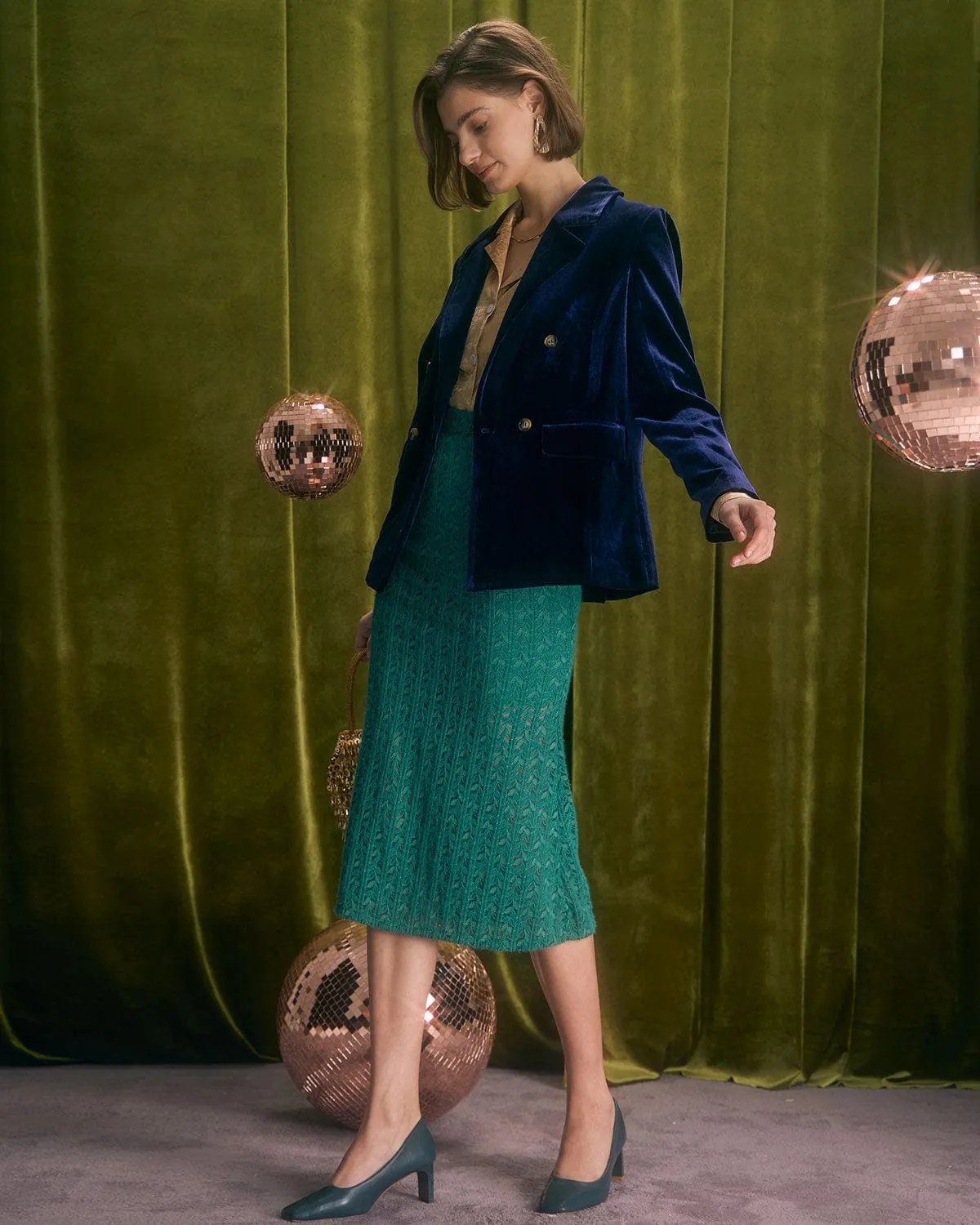 The Navy Lapel Double Breasted Velvet Blazer sold by rihoas product image thumbnail 2