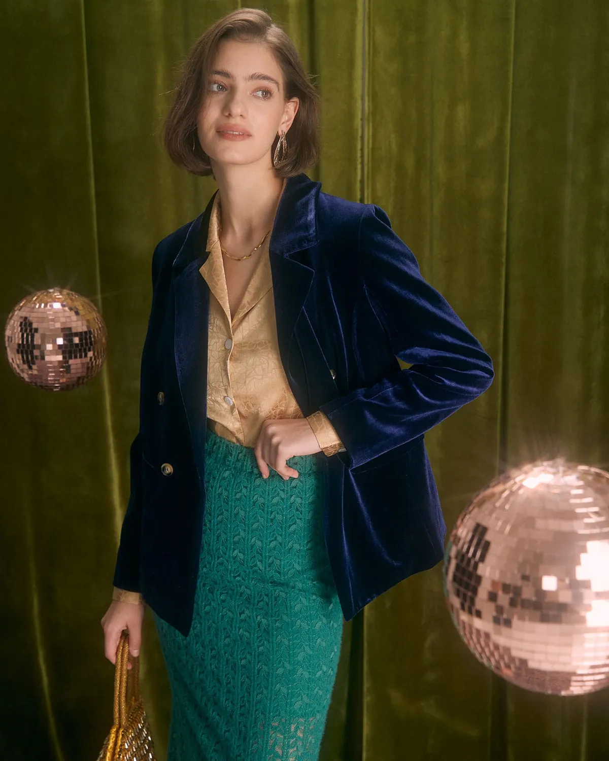 The Navy Lapel Double Breasted Velvet Blazer sold by rihoas