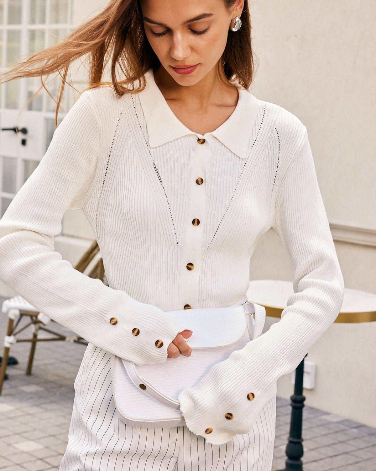 The White Lapel Pointelle Button Knit Top sold by rihoas product image thumbnail 4
