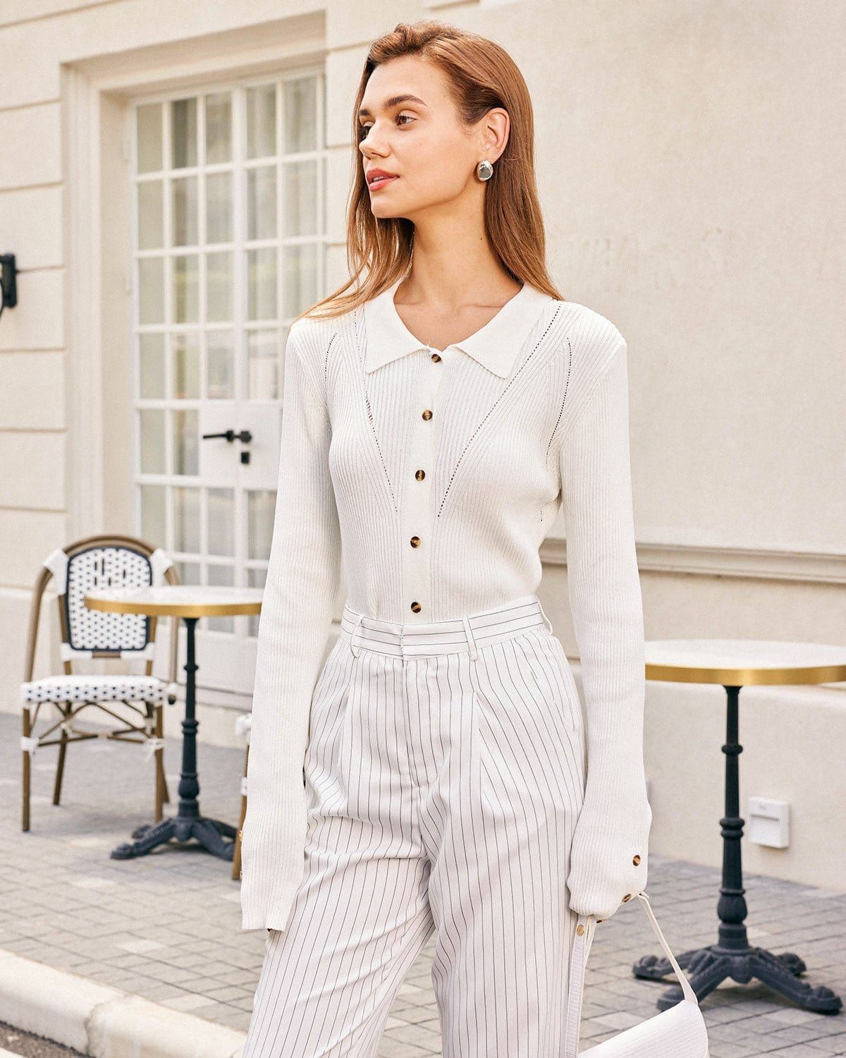 The White Lapel Pointelle Button Knit Top sold by rihoas