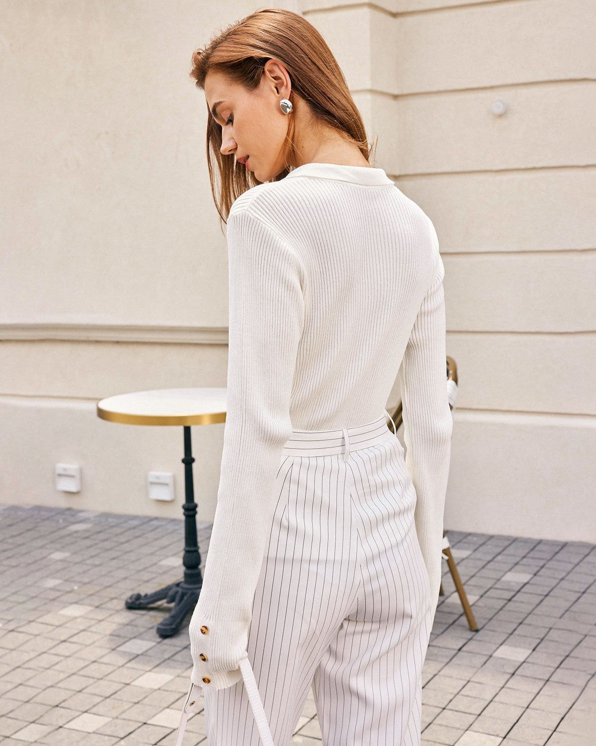 The White Lapel Pointelle Button Knit Top sold by rihoas product image thumbnail 5