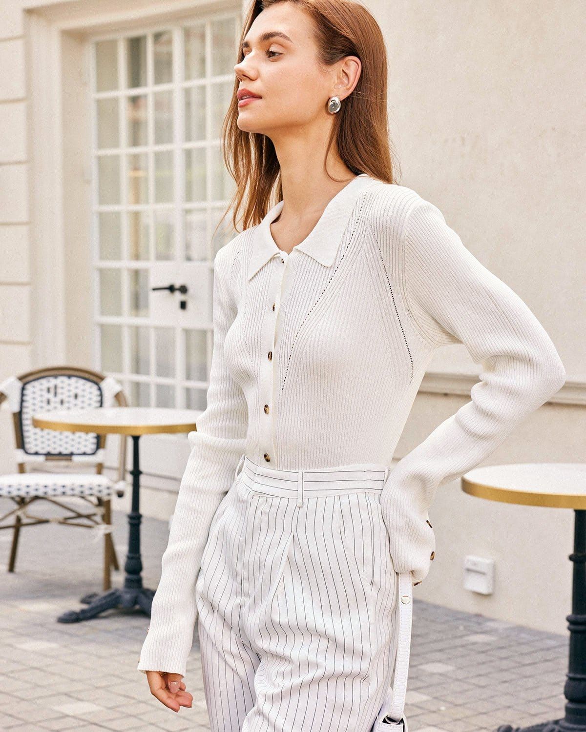 The White Lapel Pointelle Button Knit Top sold by rihoas product image thumbnail 3