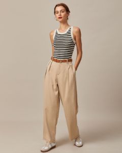 The Khaki High Waisted Pleated Straight Pants sold by rihoas